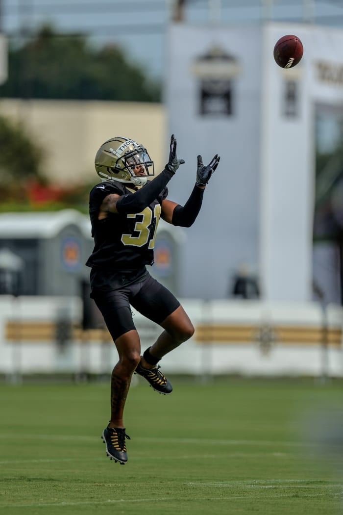 New Orleans Saints cornerback Bryce Thompson (31) performs defensive back drills during a training camp session. Mandatory Credit: Stephen Lew-USA TODAY Sports